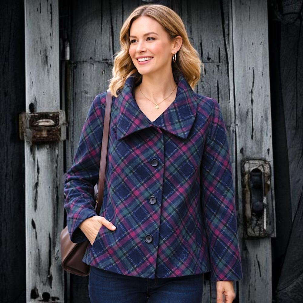 Talbots Plaid Wool Blend Jacket 18W Pea Coat Pocket Swing Lined Oversized Collar